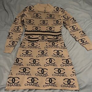CHANEL Tan and Black Logo Knit Dress